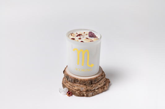 Scorpio zodiac candle by Sueño, hand-poured soy wax with crystals
