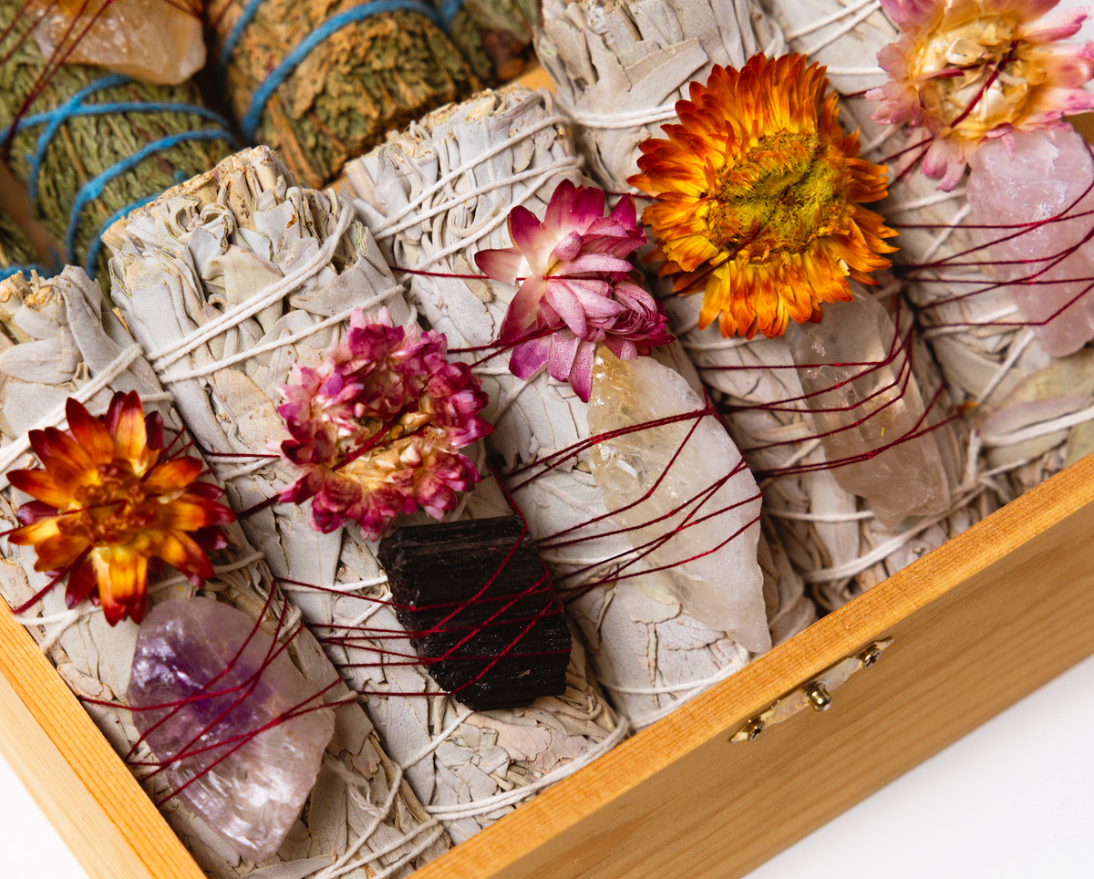 White sage smudge sticks wrapped with crystals by Sueño