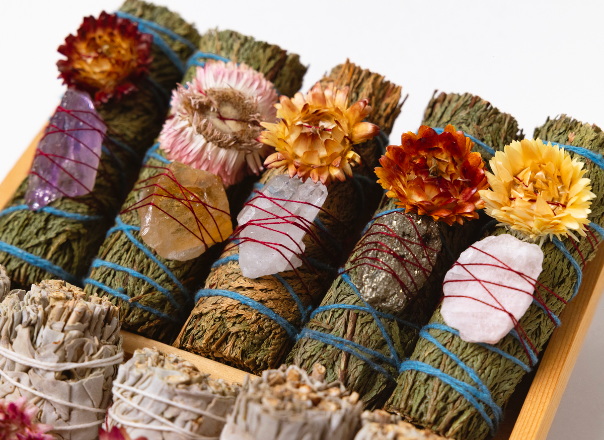 Cedar Smudge Sticks Wrapped With Crystals