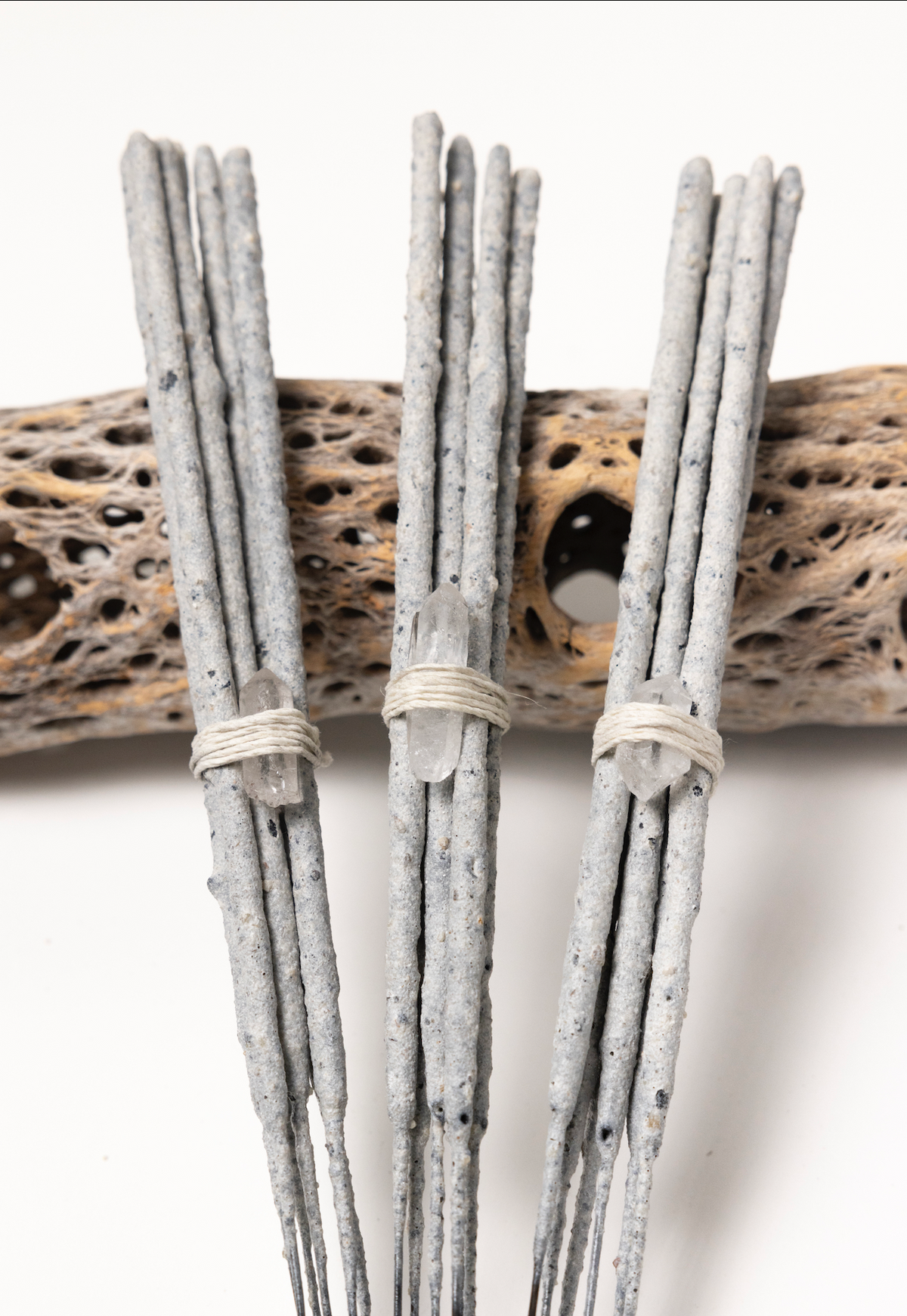 Copal resin sticks hand-wrapped with clear quartz crystal points and cotton twine