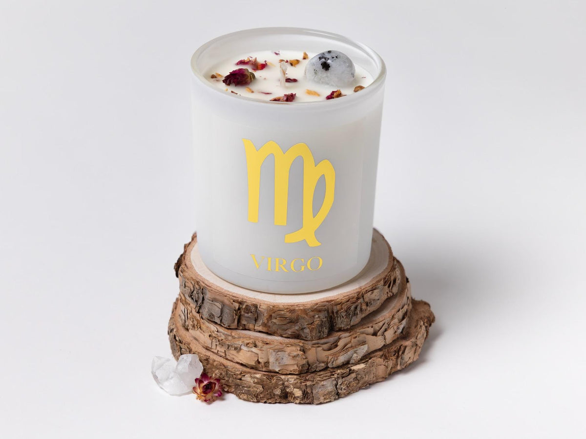 Sueño Virgo zodiac candle, hand-poured soy wax with crystals and dried petals