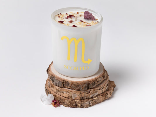 Sueño Scorpio zodiac candle, hand-poured soy wax with crystals and dried petals
